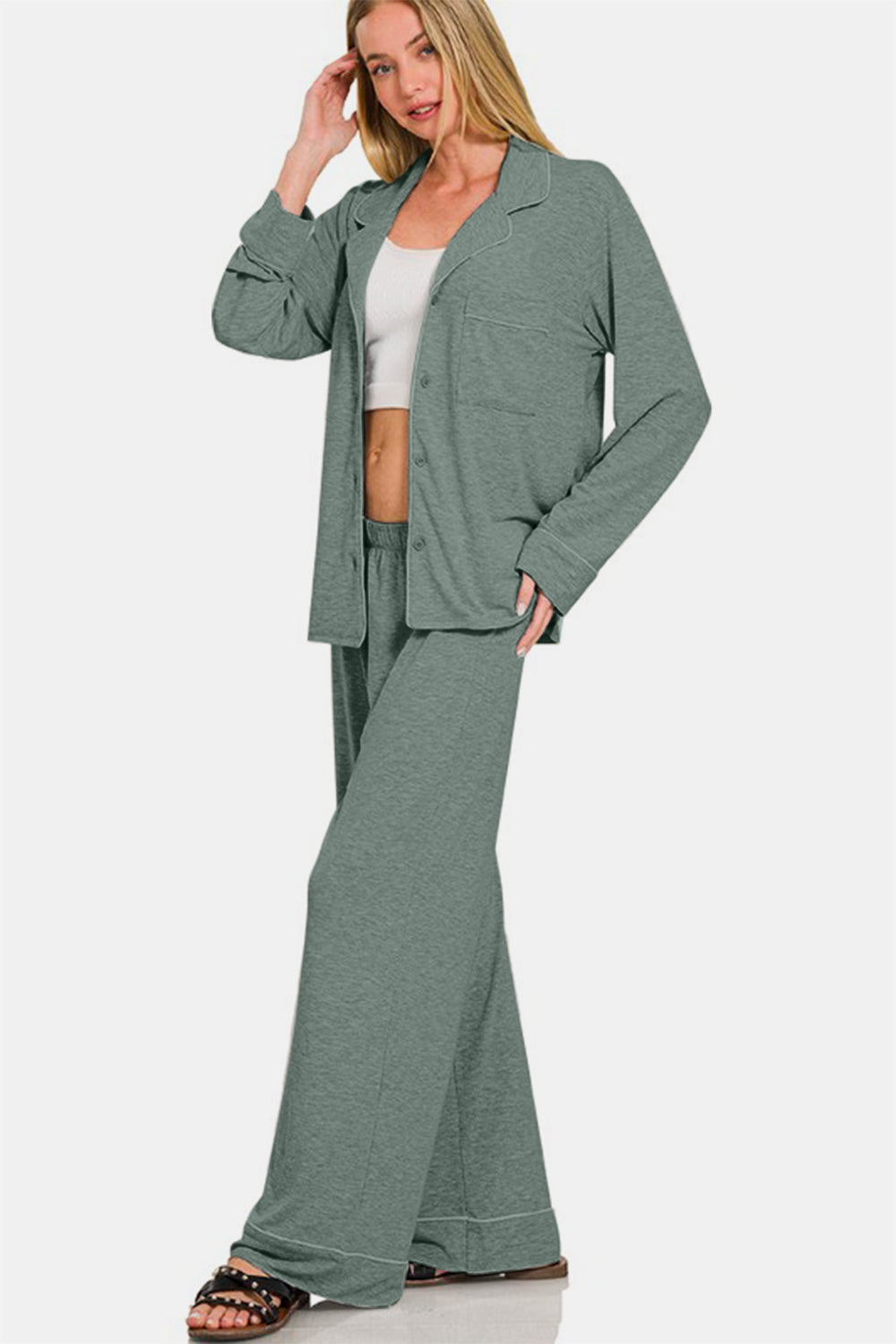 Zenana Lounge Set Button Down Long Sleeve Top and Pants Loungewear