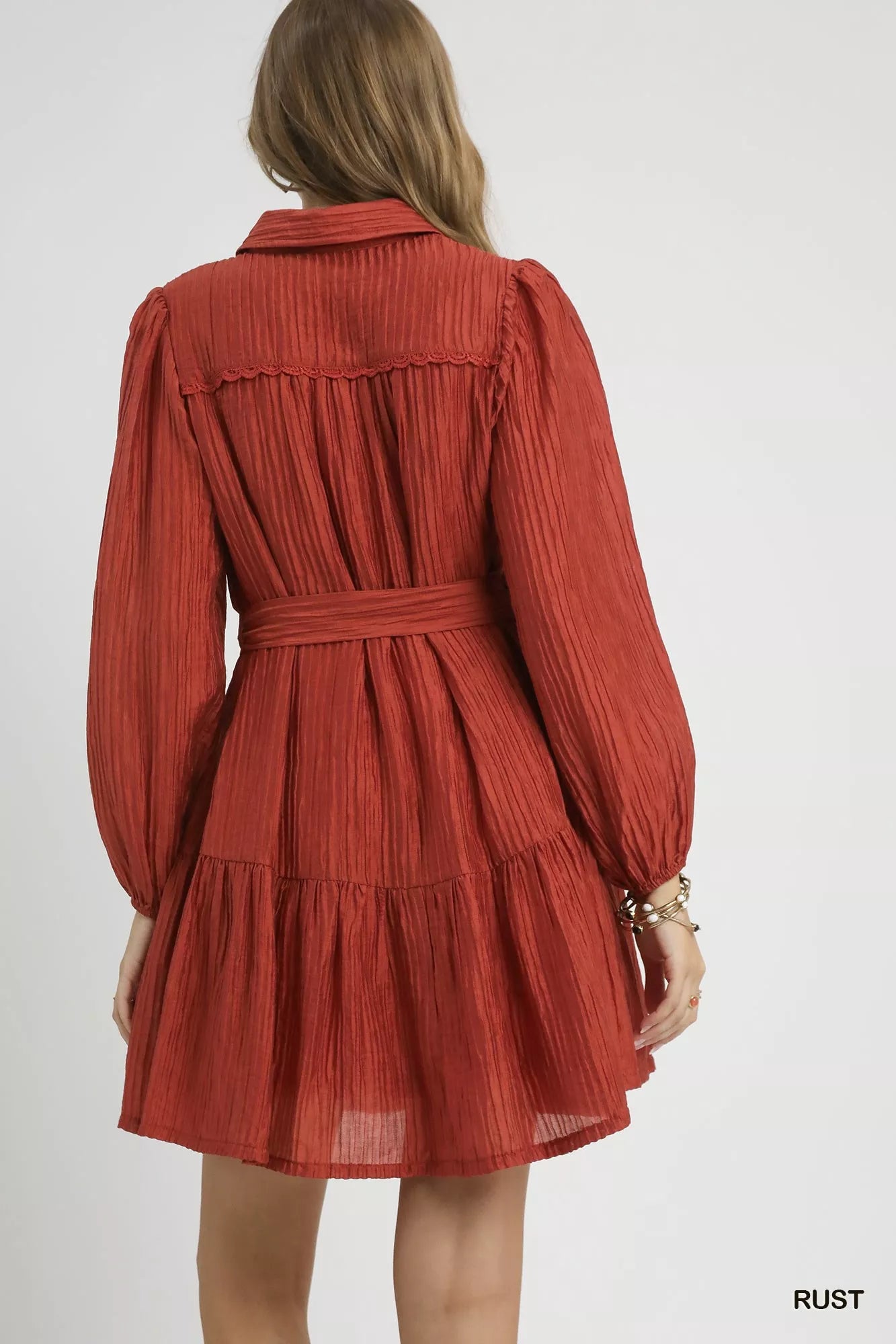 Umgee Mini Shirt Dress Crinkle Rust Button-Front Tiered with Waist Tie 2a528ea6-b3b9-45b3-9a28-9b00e5ff93c2-Max-Origin Trendsi
