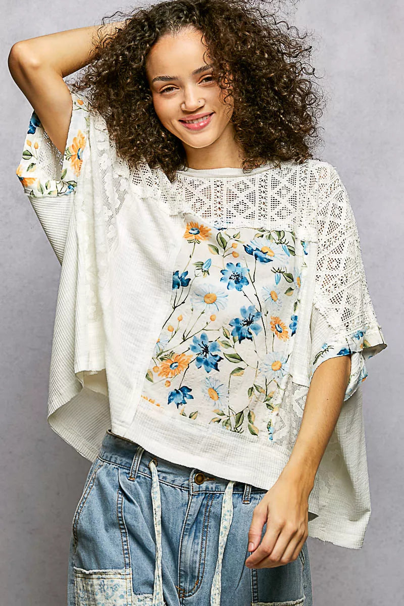 POL Floral Blouse Ivory Patchwork Lace Accent Short Sleeve Top 2a592d88-ff70-495f-ae34-611bd908d465-Max-Origin Trendsi
