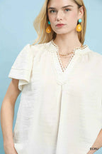Umgee Blouse Ecru Seersucker Short Sleeve Top with Lace Trim 2a6049c2-2267-41eb-a3aa-9af4942aac6e-Max-Origin Trendsi