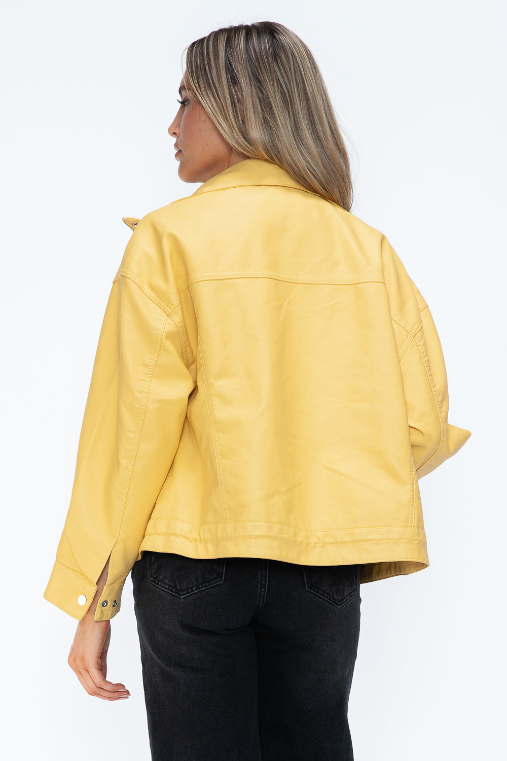 How Dare U Women PU Leather Jacket Drawstring Hem Zip Up Jacket Yellow