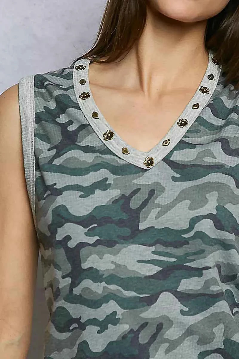 POL Camouflage Tank Top Cropped Studded V-Neck Blouse 2a62390d-3db4-485c-82b9-f789e6bc1b4c-Max-Origin Trendsi