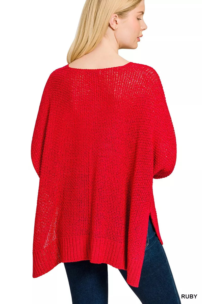 Zenana Womens Sweater Red Oversized Dolman Long Sleeve V-Neck Pullover 2a6267e8f63445cea3687357d1b40a09-Max-Origin Trendsi