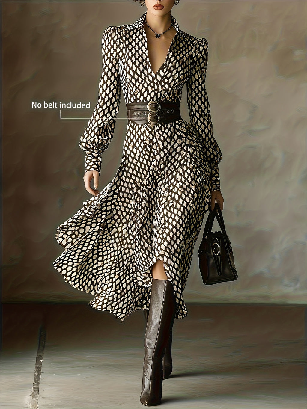 Printed Long Sleeve Midi Dress with Ruffled Detail