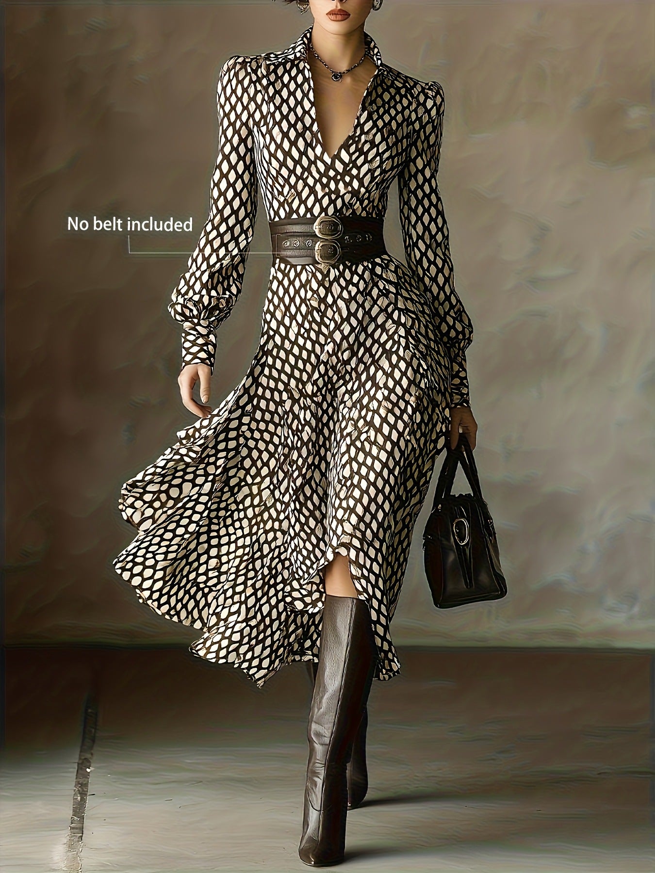 Printed Long Sleeve Midi Dress with Ruffled Detail