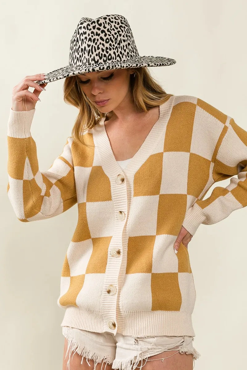 BiBi Cardigan Knit Ivory Camel Checked V-neck Long Sleeve Sweater 2a6498d6e3a840aab50acef432c6bdbb-Max-Origin Trendsi