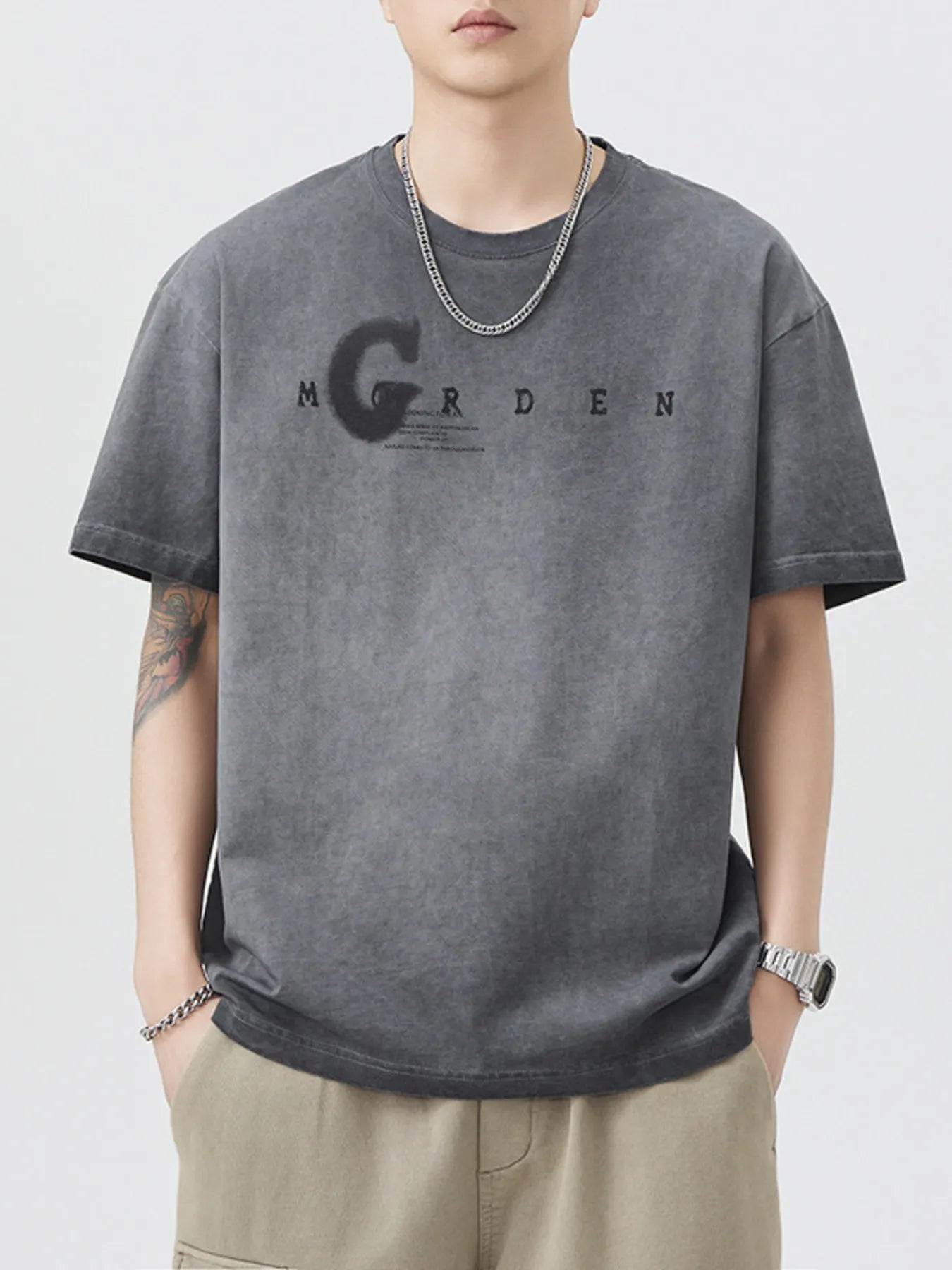 Men's T-Shirt Cotton Letter Round Neck Short Sleeve Top Dark Gray 2a6a1a1dc9ea40b1b9d5c7dcf9c613ed-Max-Origin Trendsi