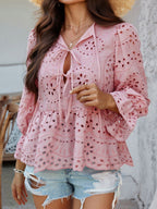 Crochet Blouse Ruffle Tie Front Flounce Long Sleeve Peplum Cut Out Embroidered 2a6da430-c3bc-4890-a036-e94036cfc15a-Max Trendsi