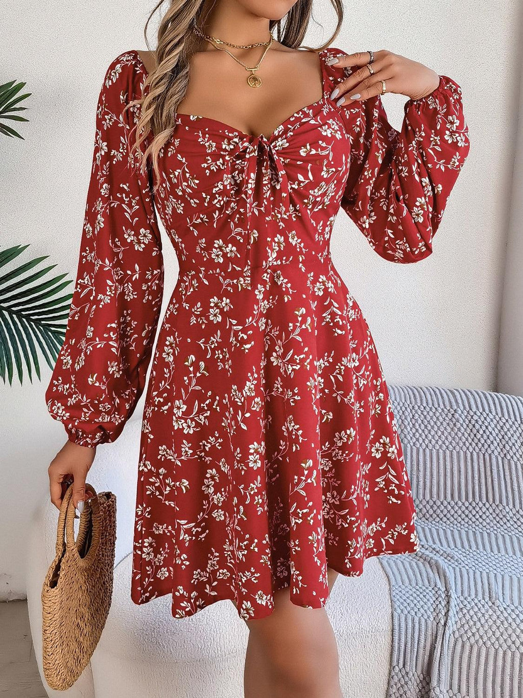 Mini Dress Floral Printed Sweetheart Neck Balloon Sleeve 2a70d59d-e412-4a39-93d9-ced70b473e47-Max Trendsi