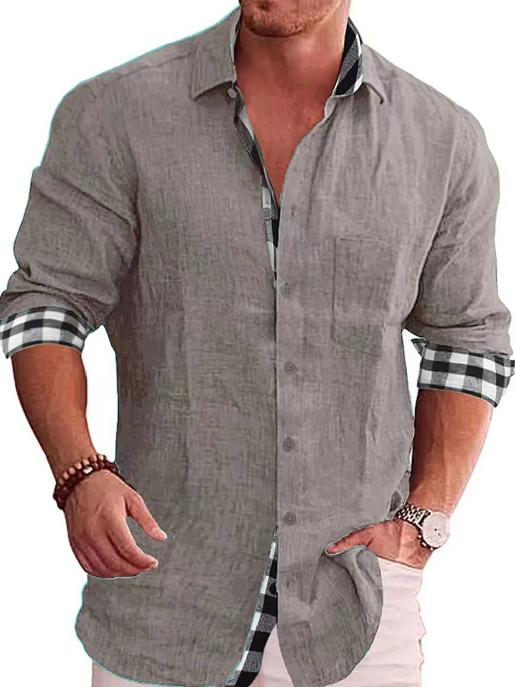 Men's Shirts Casual Cotton Blend Plaid-Trim Long Sleeve Lightweight Tops Gray 2a773e2a-40c9-431b-ad20-338fb3e58fc4-Max-Origin Trendsi