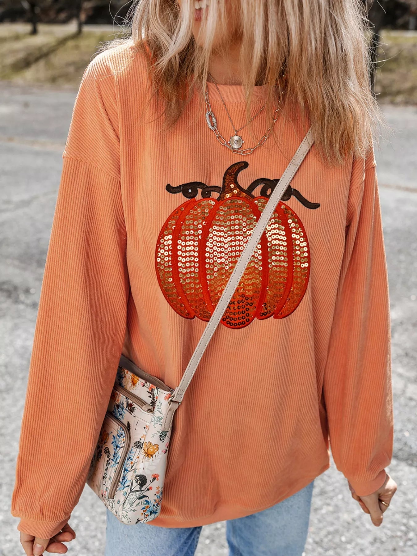 Women's Sweatshirt Halloween Sequined Pumpkin Ribbed Round Neck Top 2a796615-ea31-4d26-9181-e81db2355c45-Max-Origin Trendsi