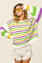 BiBi Womens Sweater Mardi Gras Colors Stripe Comfy Knit Pullover 2a7a1f4f87d4420d8417b88036b79b89-Max-Origin Trendsi