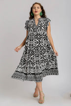 Umgee Midi Dress Floral Black Two Tone Border Print Ruffle Cap Short Sleeve 2a7b721d-19a0-430c-b211-f098017f81fd-Max Trendsi