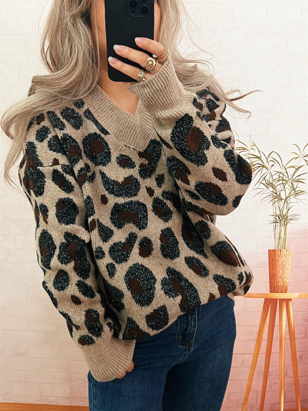 Women's Sweater Leopard Cozy V-Neck Drop Shoulder Long Sleeve Khaki One Size 2a7ba3025a94418289162010c9cb6a29-Max-Origin Trendsi