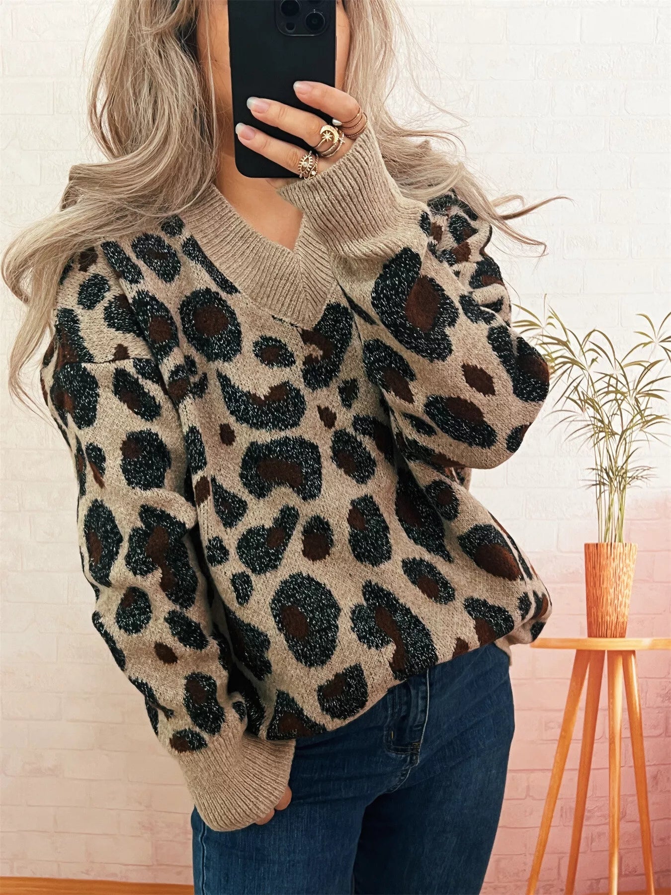 Women's Sweater Leopard Cozy V-Neck Drop Shoulder Long Sleeve Khaki One Size 2a7ba3025a94418289162010c9cb6a29-Max-Origin Trendsi