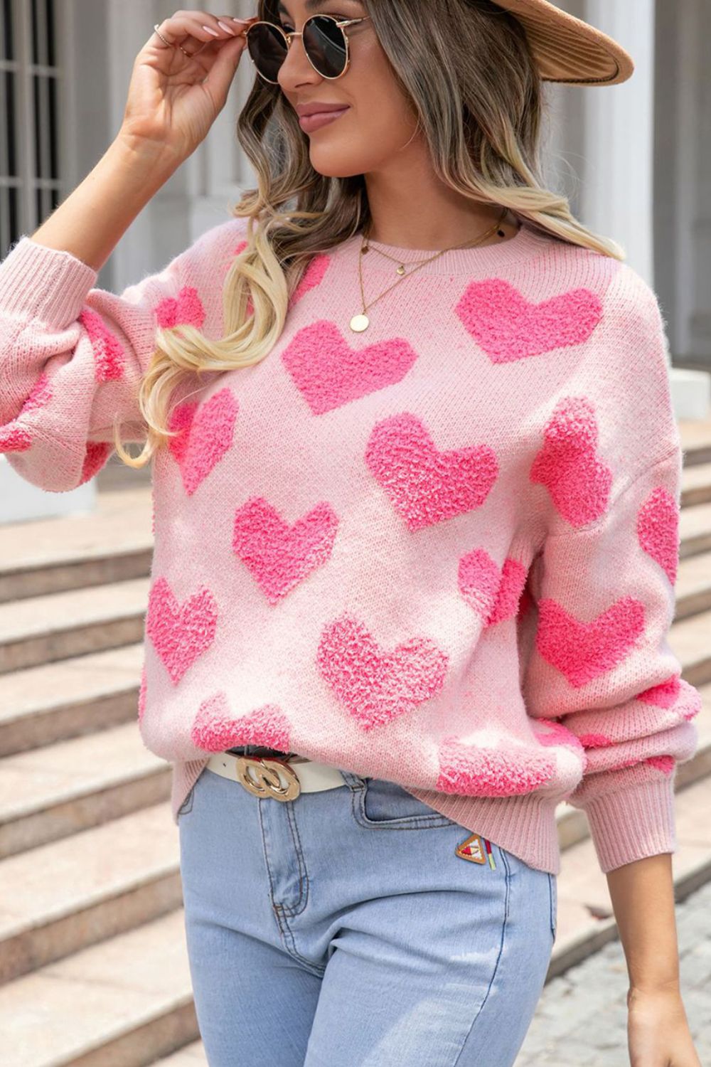 Valentine's Day Heart Jacquard Sweater Pink Round Neck Women Long Sleeve