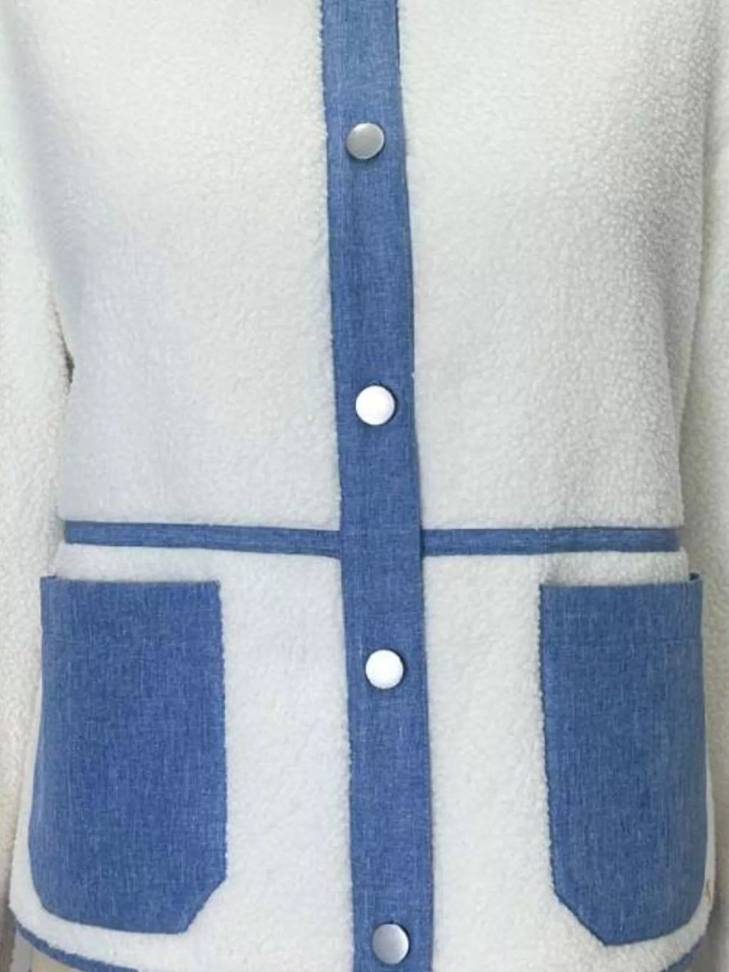 Women's Teddy Jacket White with Denim Contrast Trim Thick Outwear 2a8b51af-58e7-414e-8eb6-5c8ab149a45a-Max-Origin Trendsi