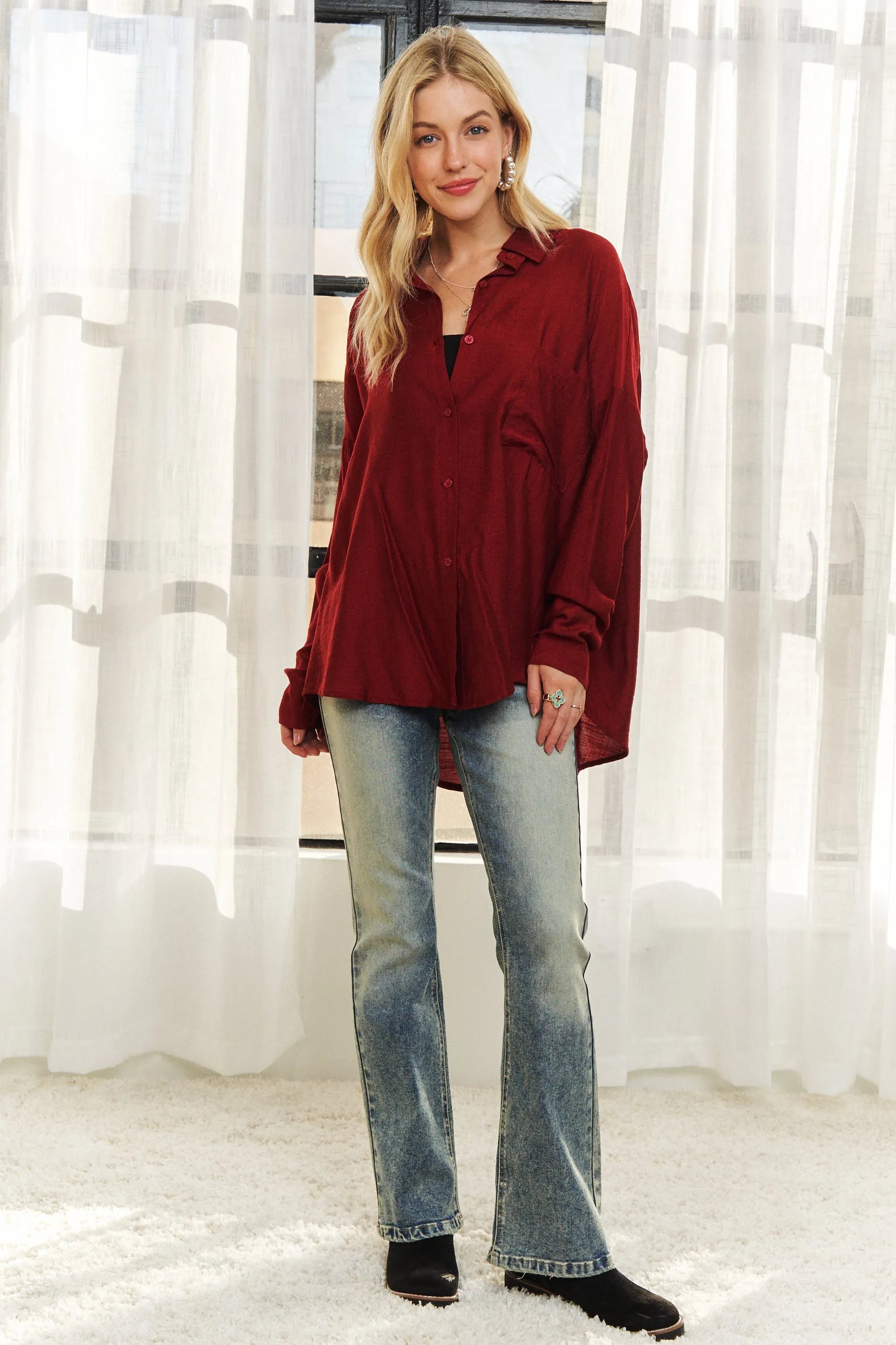 ADORA Linen Shirt Burgundy Oversized Pocketed Long Sleeve Top 2a8b8f0978124b6c973545b9209ea06b-Max-Origin Trendsi