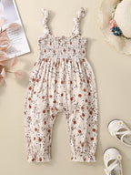 Children's Floral Print Smocked Jumpsuit with Pockets and Ruffles