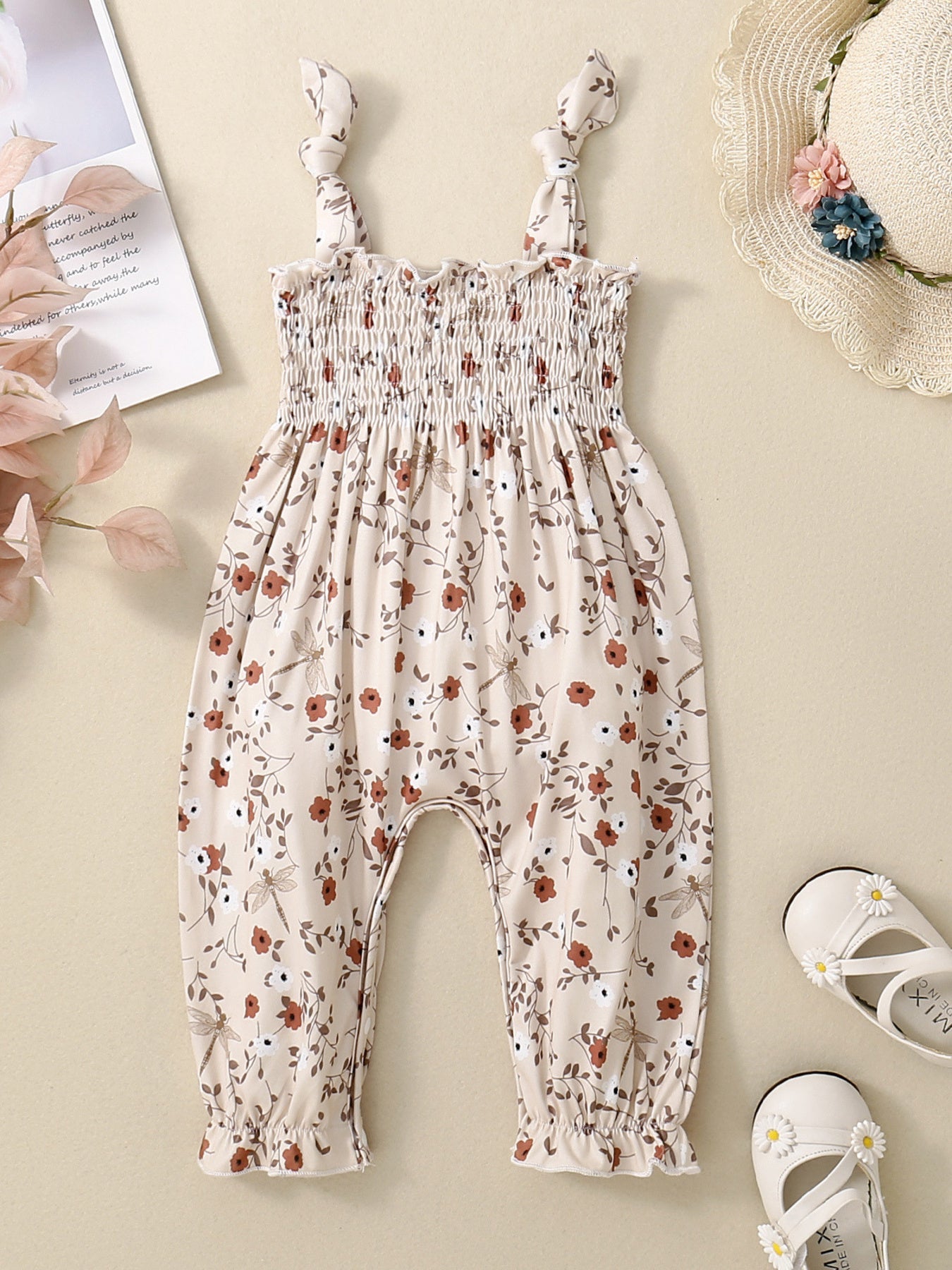 Children's Floral Print Smocked Jumpsuit with Pockets and Ruffles