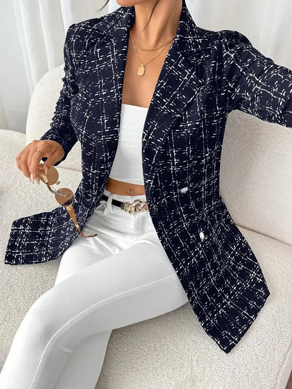 Tweed Blazer Women's Double-Breasted Long Sleeve 2a920b583eda48cf9a1e8d0aaa404c17-Max-Origin Trendsi