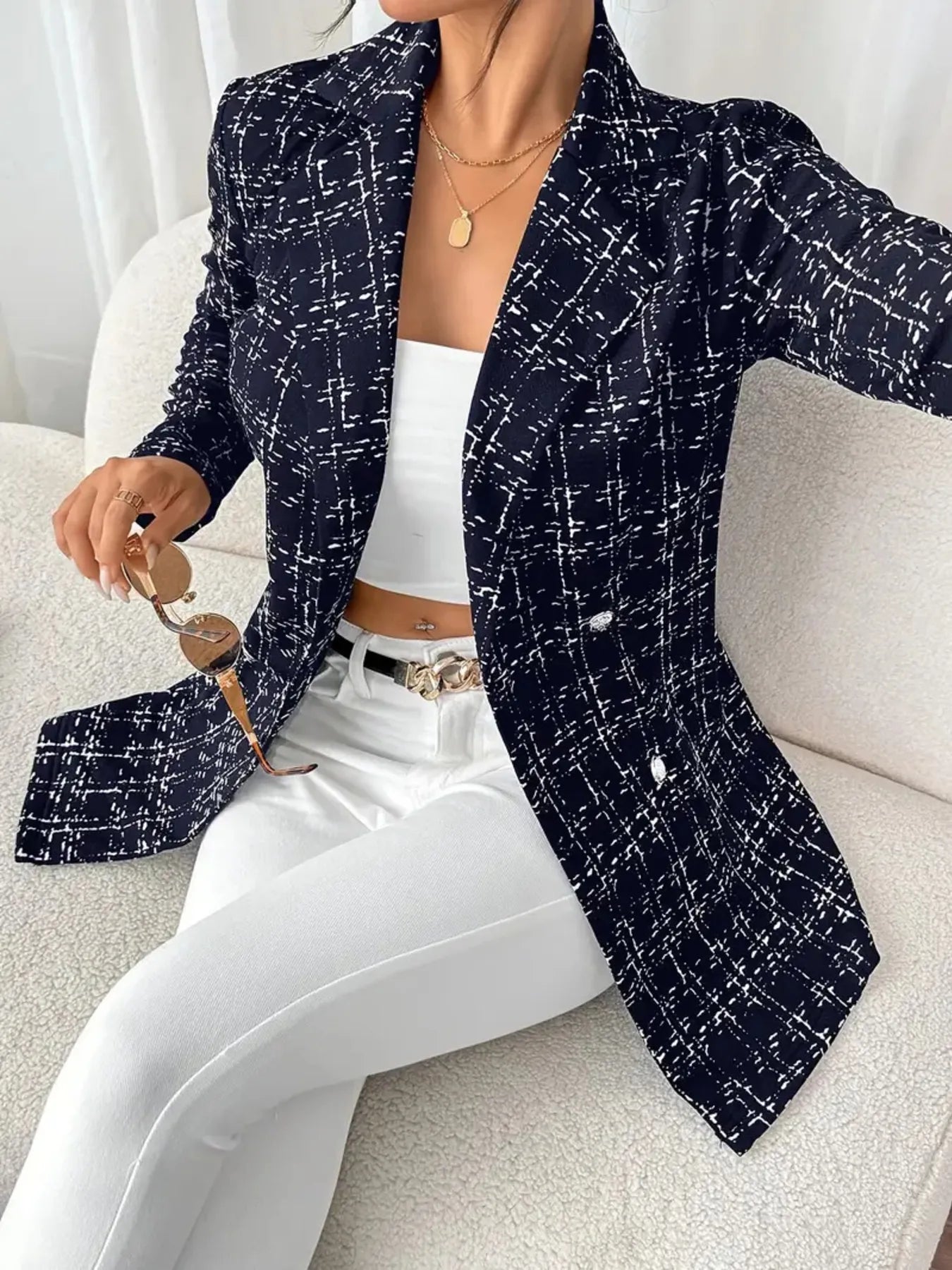 Tweed Blazer Women's Double-Breasted Long Sleeve 2a920b583eda48cf9a1e8d0aaa404c17-Max-Origin Trendsi