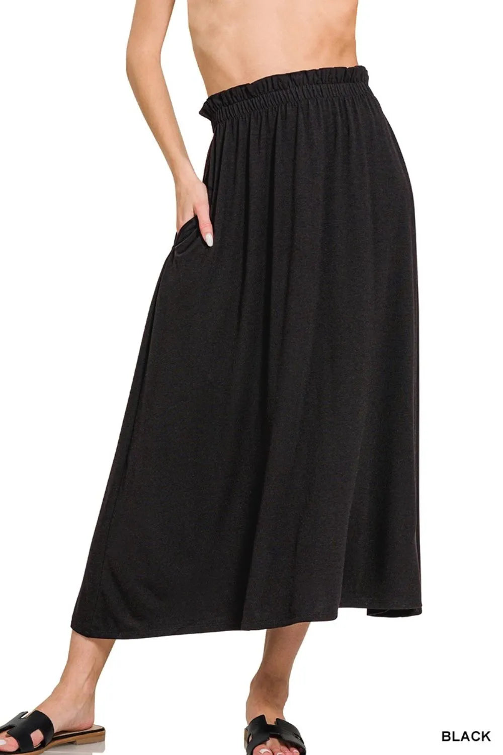 Zenana Midi Skirt Black Paperbag Waist Ruffled With Pockets 2a9254ab-b81c-4aaf-850b-deeb834d5550-Max-Origin Trendsi