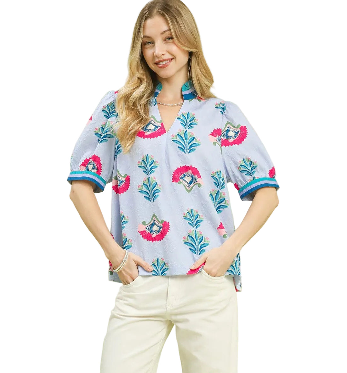 Umgee Print Puff Sleeve Blouse with Contrast Trim