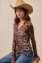 BiBi Women's Shirt Leopard Printed Mesh With Button Up V Neck Long Sleeve 2a9c1e5db3af4f8aa403ab8f3426ce2c-Max-Origin Trendsi
