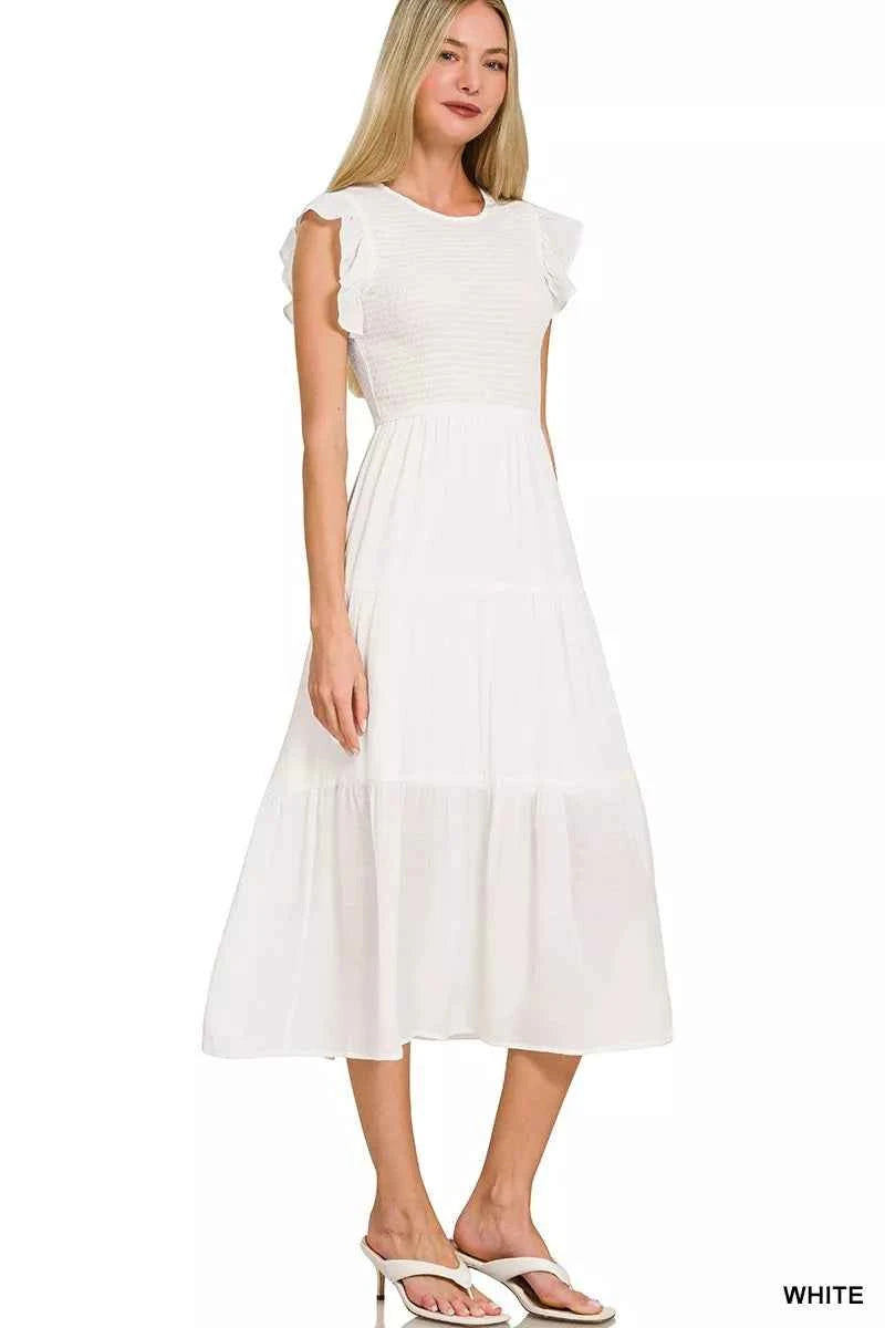 Zenana Midi Dress White Woven Smocked Ruffle Short Sleeve 2aa30de4d1e04279b42f89c2a0b2923d-Max-Origin Trendsi