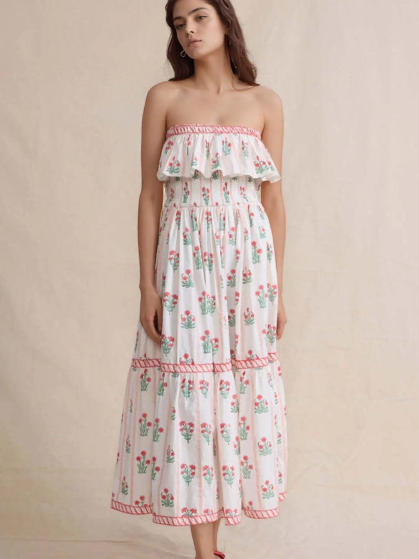 Midi Dress White Floral Strapless Ruffle Off Shoulder 2aa30f91-1e53-48d1-8bcc-6766f8c177ef-Max-Origin Trendsi