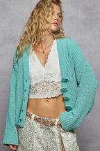 POL Cardigan Knit Aqua V-Neck Long Sleeve with Exaggerated Flower Buttons 2aab3208-c87d-45c7-8b83-fb02e9760293-Max-Origin Trendsi