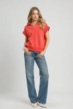 Umgee Sweatshirt Red Coral Luxe Knit Collared Short Sleeve Polo T-shirt 2aace365-f2c3-42a6-bcd5-5f9c09dc605a-Max-Origin Trendsi