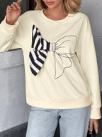 Women's Sweatshirt Beige Bow Round Neck Dropped Shoulder Long Sleeve 2ab763fe-656a-41ac-ab7a-97f46ab0c382-Max-Origin Trendsi