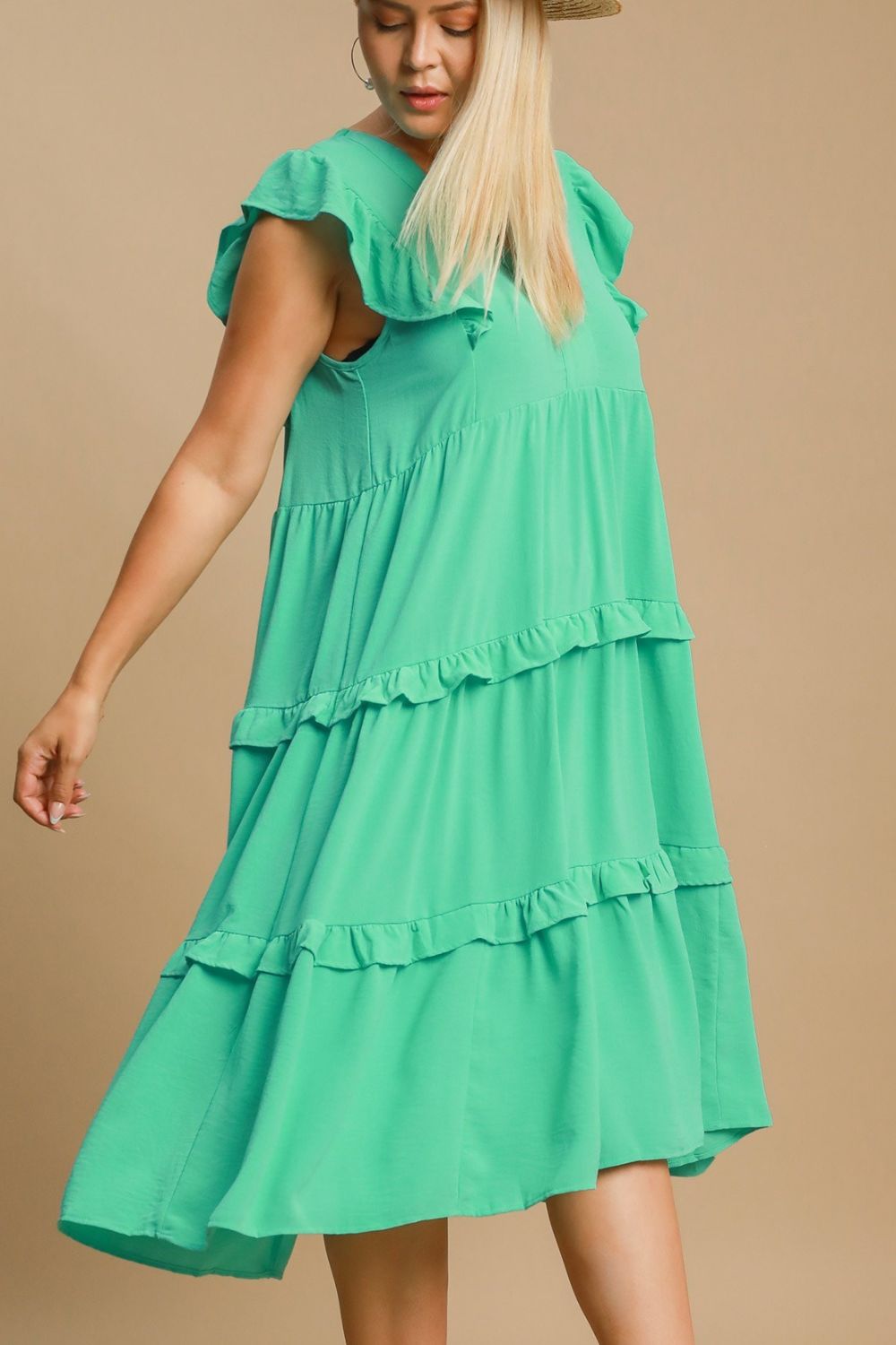Umgee Midi Dress Ruffle Layered Emerald Tiered V neck Short Sleeve 2ab7a43a-4b0a-4ef2-950a-81741235130d-Max Trendsi