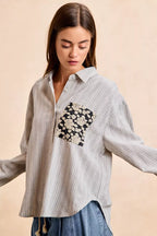 BiBi Womens Gray Stripe Shirt Black Flower Jacquard Knit Patch Pocket Top 2ac5e94940a94e28b6dfc68b57712267-Max-Origin Trendsi