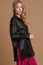 Umgee USA Black Metallic Shirt Women Side Slit Button Up Long Sleeve 2ac80fb2-0c8c-42f3-ad66-4399b44d08a2-Max Trendsi