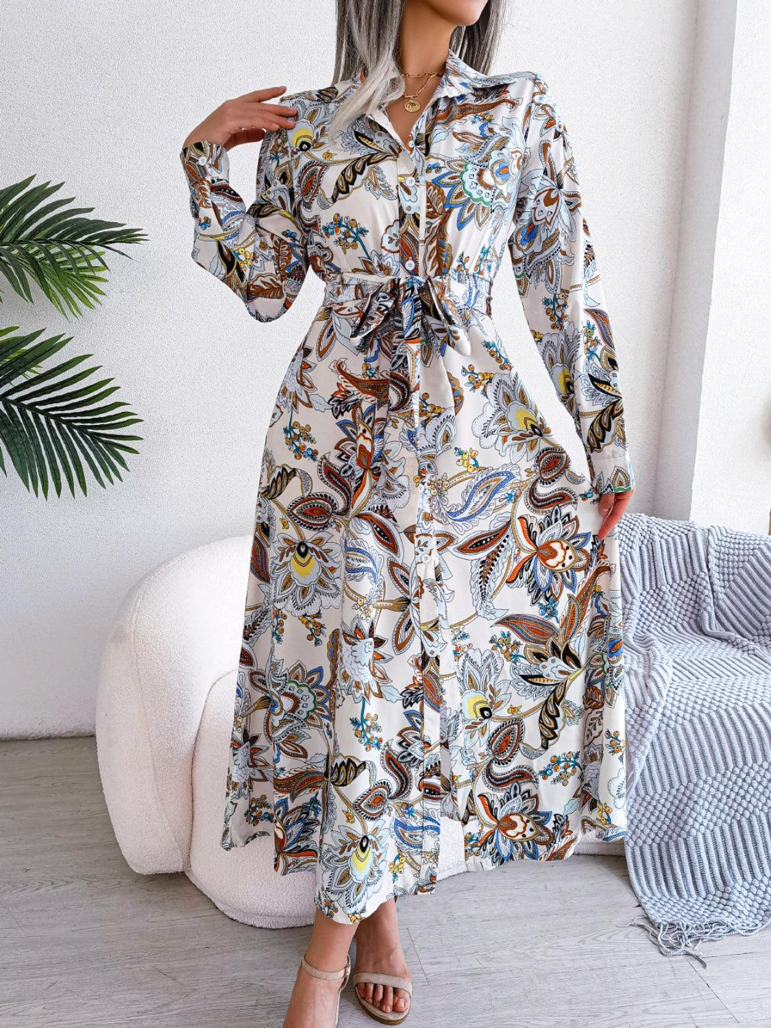 Midi Dress Floral Tied Printed Long Sleeve Shirt Dresses White 2acf701a-5484-4ef3-8cc4-7246ae8efb70-Max Trendsi