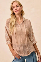 BiBi Hooded Knit Top Taupe Jacquard Flower Puff 3/4 Sleeve Button Tied TAUPE 2ad06c8d-1488-4ee8-895d-b65d43986cb6-Max-Origin Trendsi