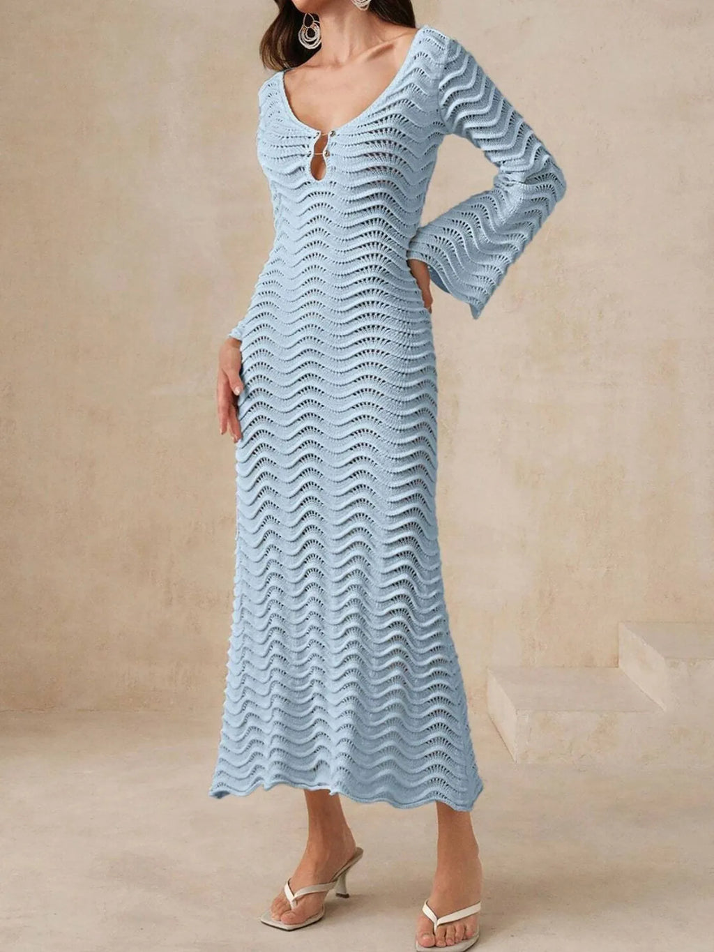 Wave Maxi Knit Dress Openwork Crochet Cutout V Neck Long Sleeve 2ad5adc2-d736-4bb0-aa7c-bc0c50ace6bd-Max-Origin Trendsi