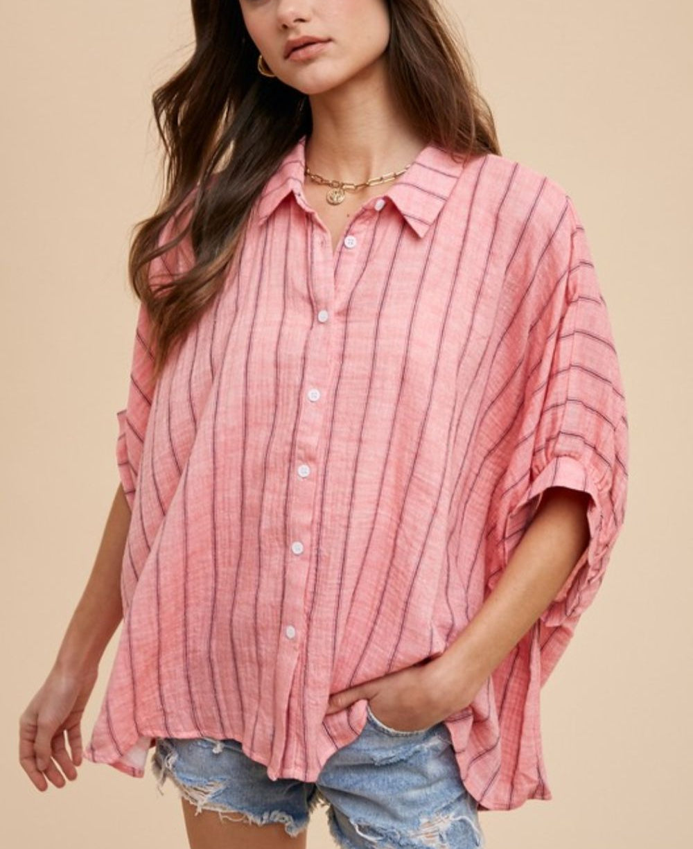 Women's Coral Pink Striped Cotton Button-Up Shirt Half Sleeve Top Coral Pink 2adfbf8e-adc9-41d1-8bb7-3295dfbfc992-Max Trendsi