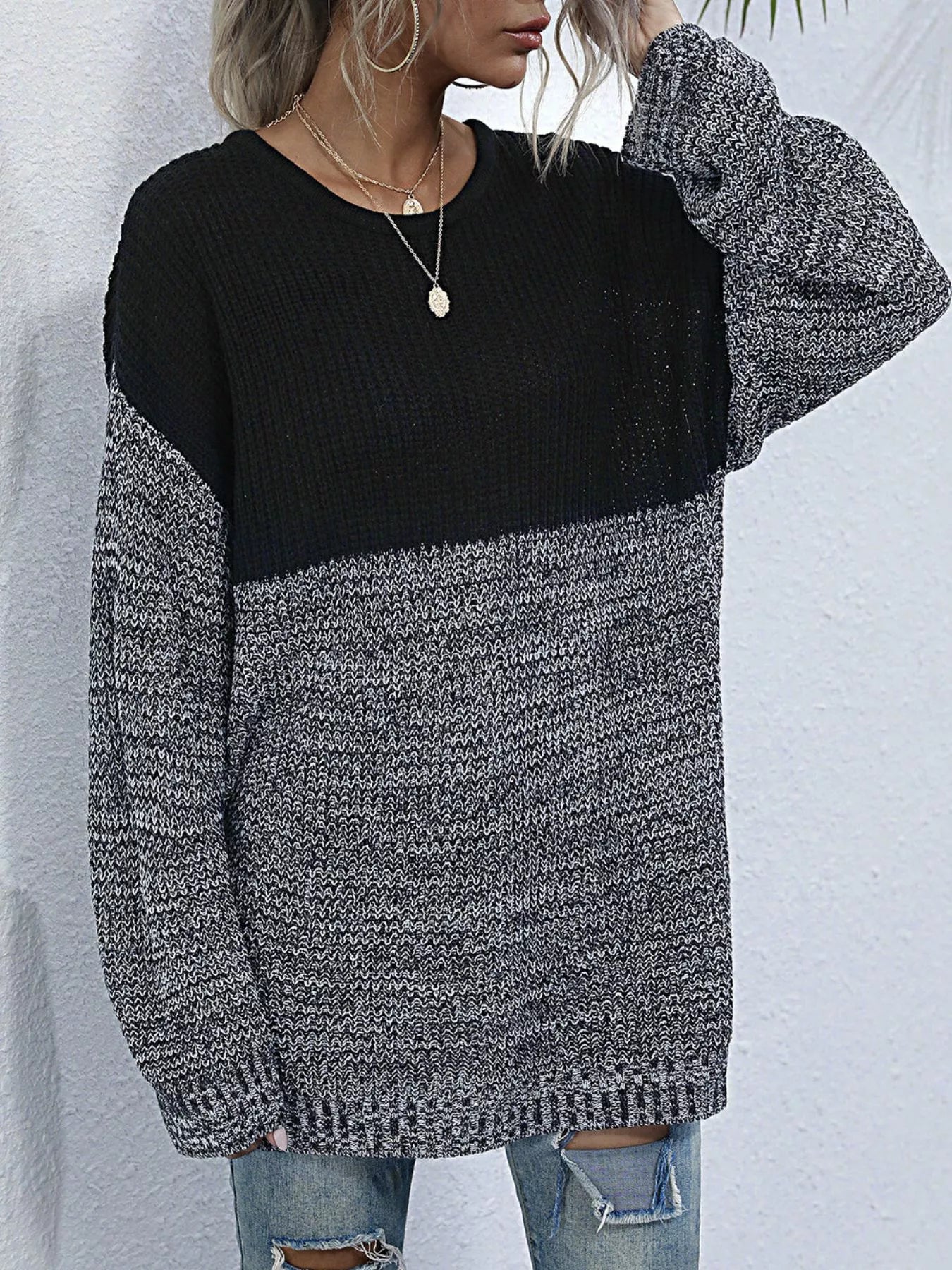 Women's Oversized Sweater Color Block Long Sleeve Knitwear 2ae65b62-d107-40d3-bea8-c5dd38985de8-Max-Origin Trendsi