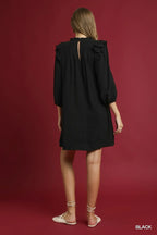 Umgee Babydoll Dress Black Linen Ruffle Shoulder Pleated 3/4 Sleeves 2ae73a90-f44b-4b6a-8938-bd50a2817684-Max-Origin Trendsi