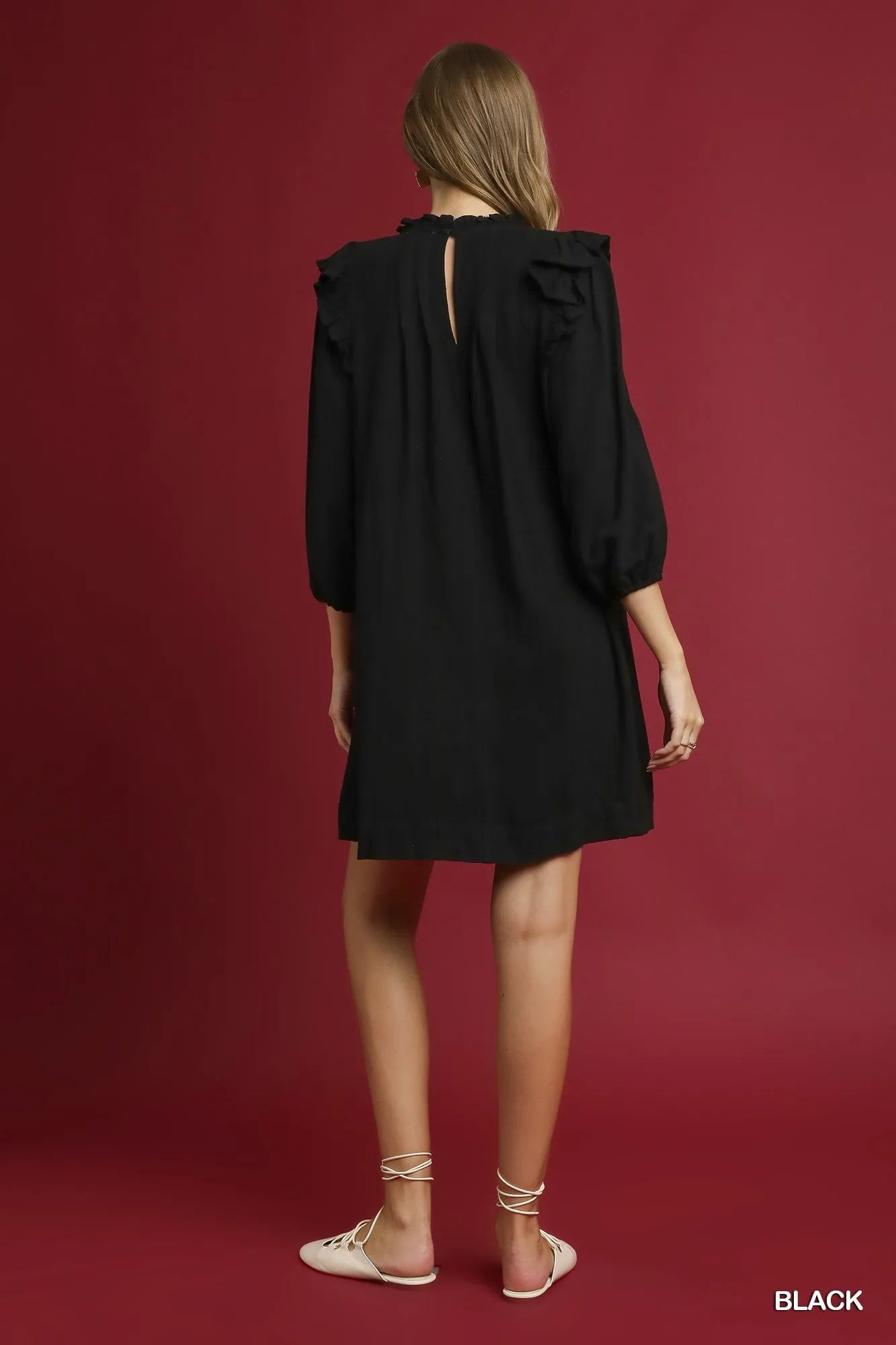 Umgee Babydoll Dress Black Linen Ruffle Shoulder Pleated 3/4 Sleeves 2ae73a90-f44b-4b6a-8938-bd50a2817684-Max-Origin Trendsi