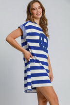 Umgee USA Mini Dress Striped Royal Blue Peace Applique Short Sleeve 2ae90c5f-2923-4c8c-9bdf-72b3a39131de-Max Trendsi