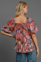 Umgee Women Viscose Blouse Abstract Pink Smocked Square Neck Puff Sleeve 2aef97e8-4e1e-4a74-9197-d2e65775d50e-Max Trendsi