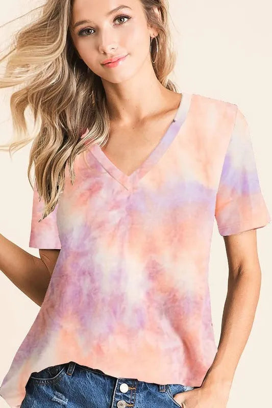 BiBi Tie Dye Cotton T-shirt French Terry V Neck Top Short Sleeve 2b0d5a4891144fefb8726405407e78fc-Max-Origin Trendsi