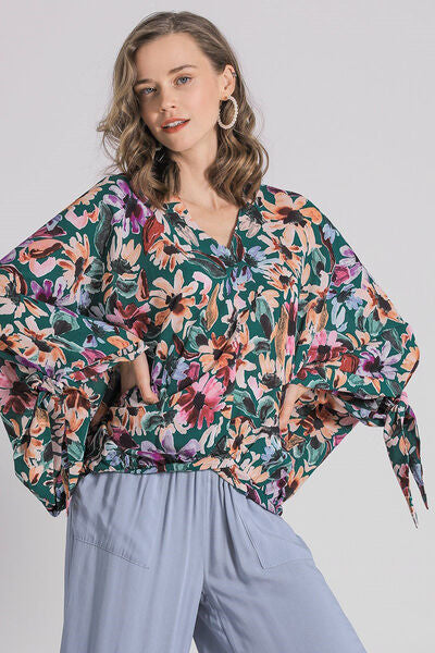 Umgee Blouse Green Floral Mix Print V-Neck Tie Long Sleeve Top Plus Sizes FORESTMIX 2b10d1bb-177d-4049-8e32-b112aa40638d-Min Trendsi