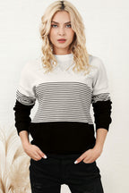 Women Knit Top Striped White Black Color Block Long Sleeve Pullover 2b12f670-77a4-4194-a7bf-784fcc6027ff-Max Trendsi