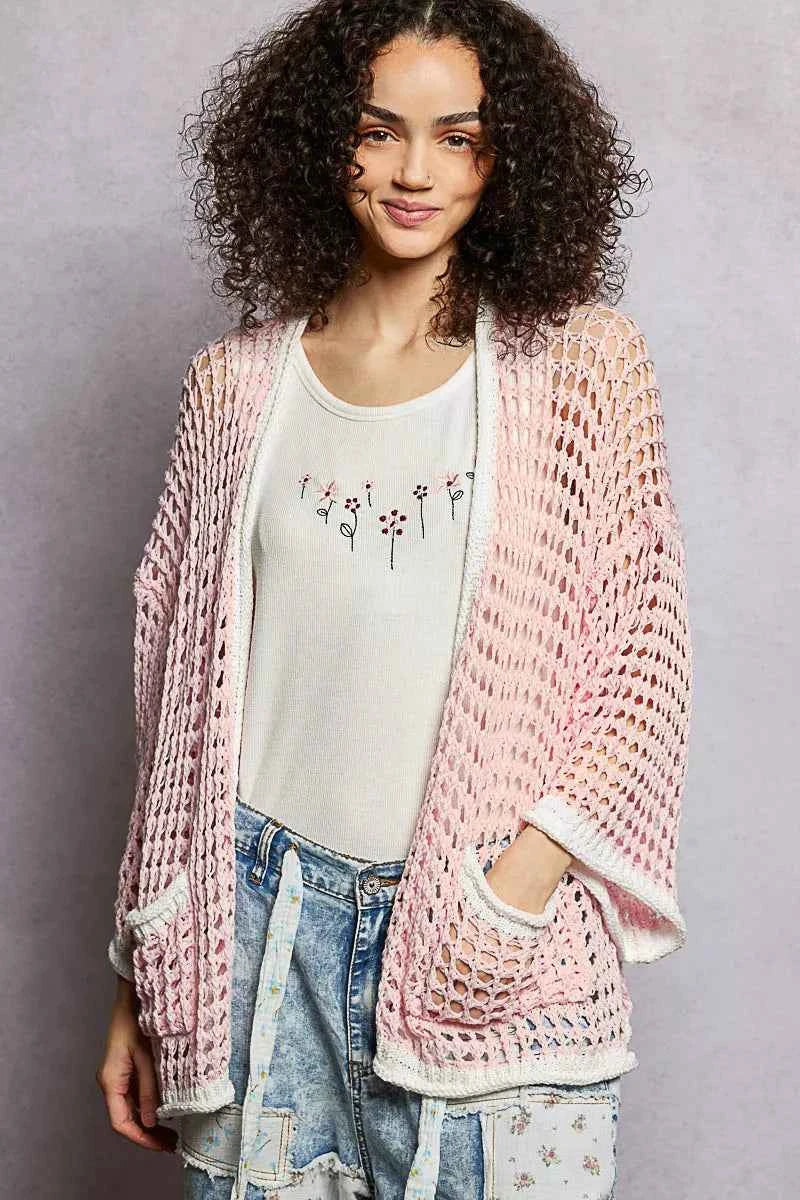 POL Open Front Openwork Cardigan with Contrast Trim